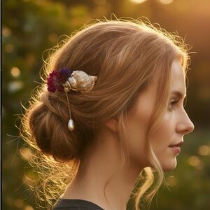 Gold and Pearl Shell Brooch with Purple Flowers